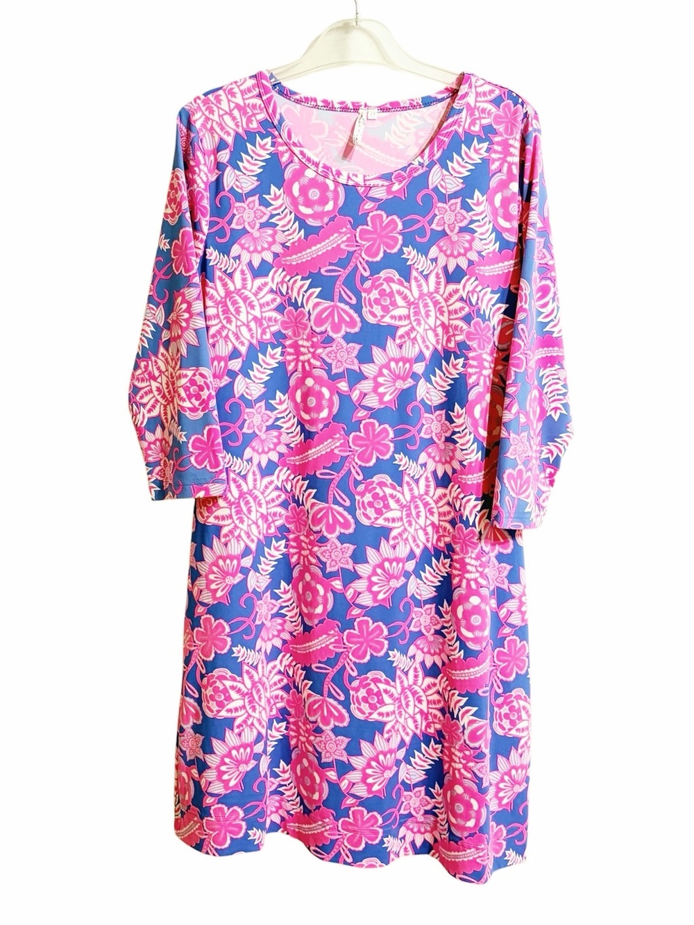Lulu B Floral Resortwear Jersey Shift Dress M Blue Neon Pink Cruise Stretch Bold